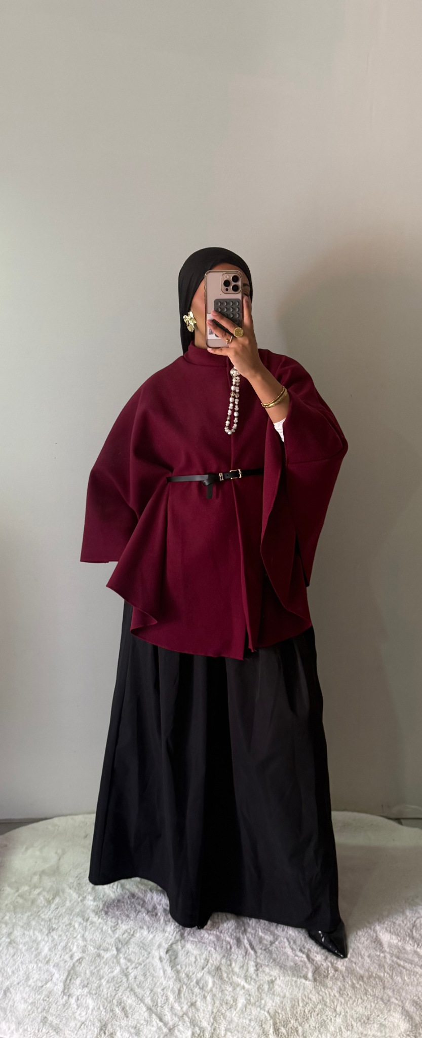 Cape ceinturée col bouton - Bordeaux