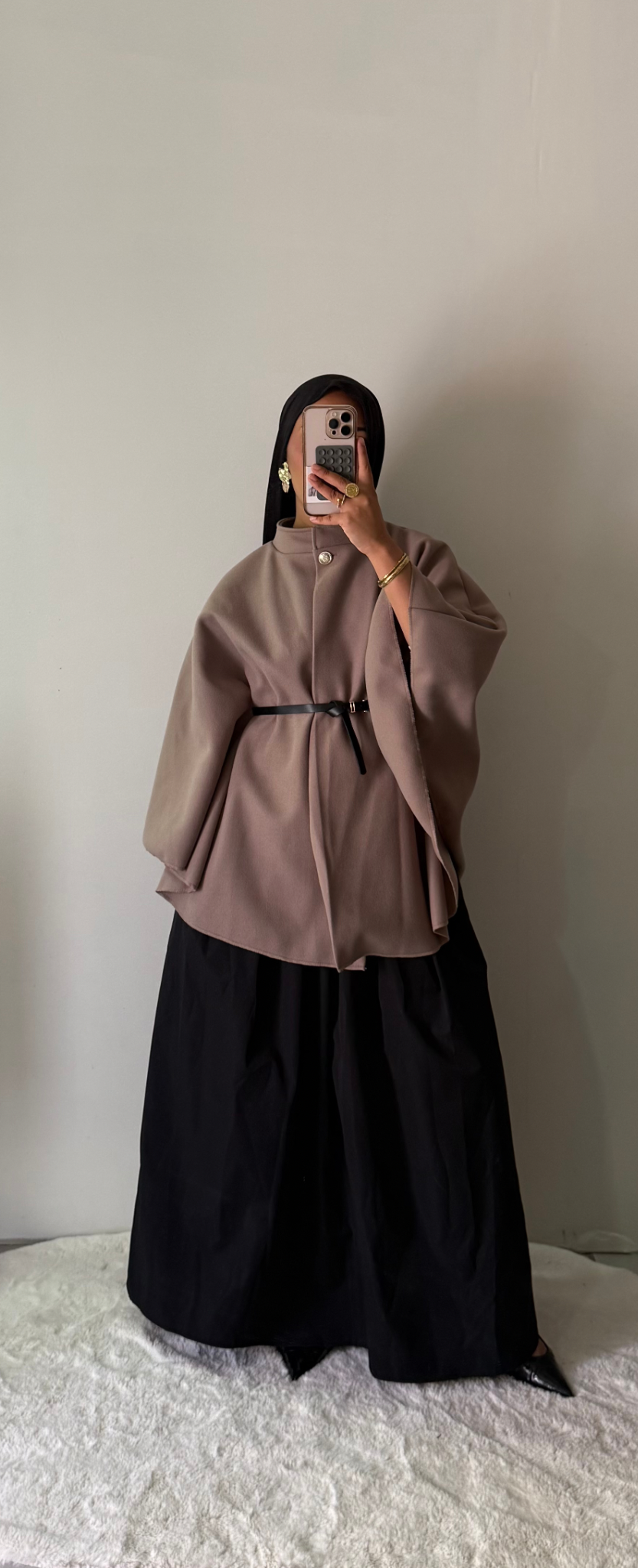 Cape ceinturée col bouton - Taupe