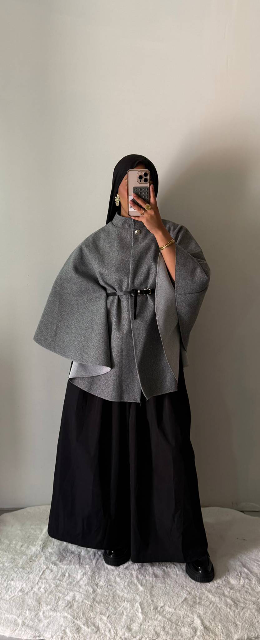 Cape ceinturée col bouton - Gris foncé