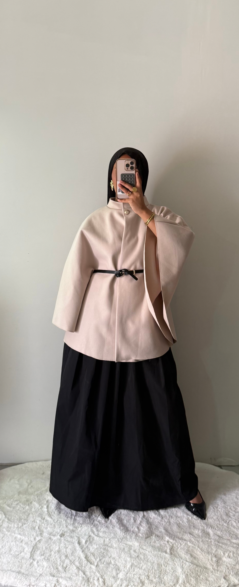 Cape ceinturée col bouton - Beige