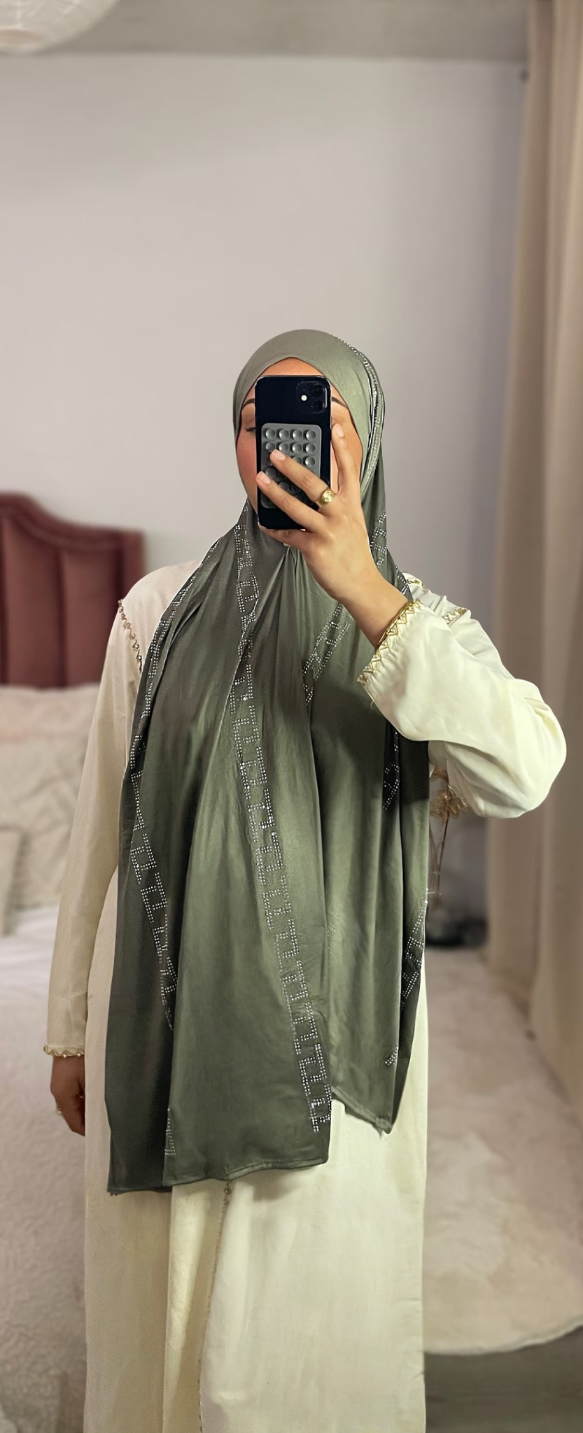 Foulard à strass motifs carré - Kaki