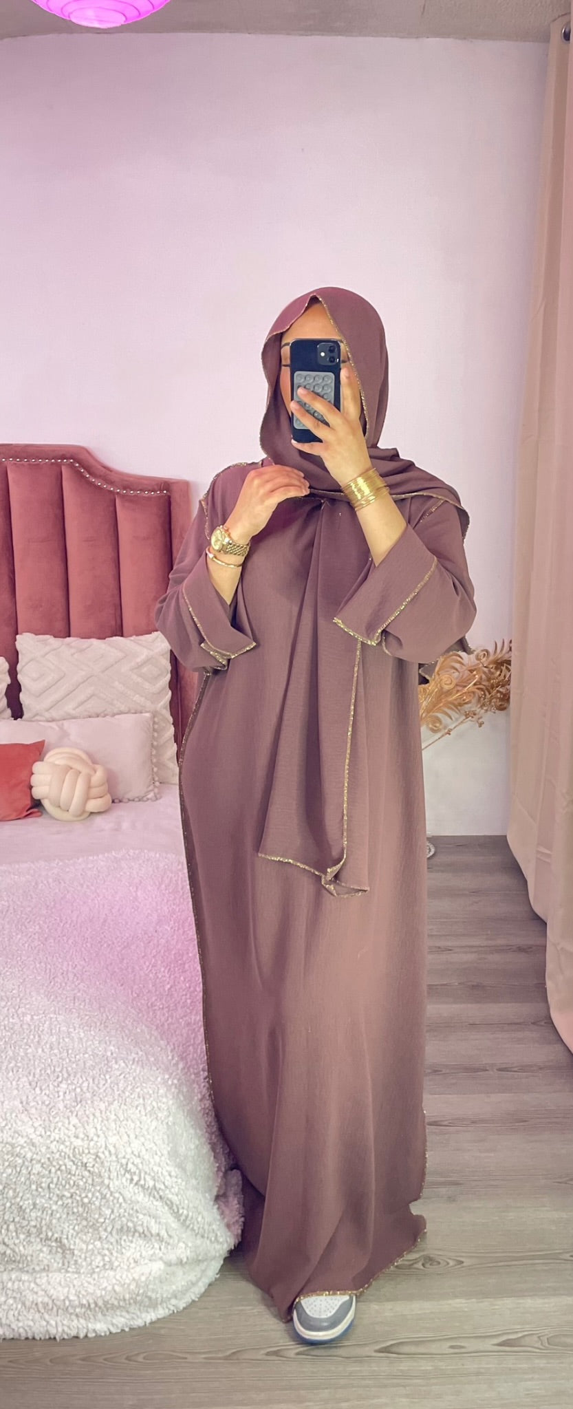 Abaya voile intégré - Violet /Taupe