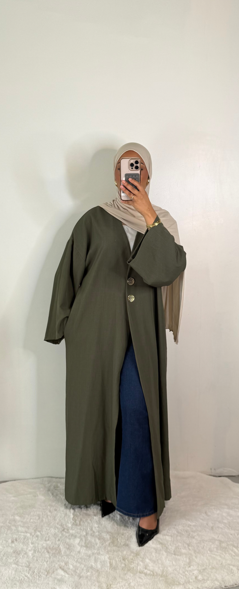 Kimono long fluide à boutons - Kaki