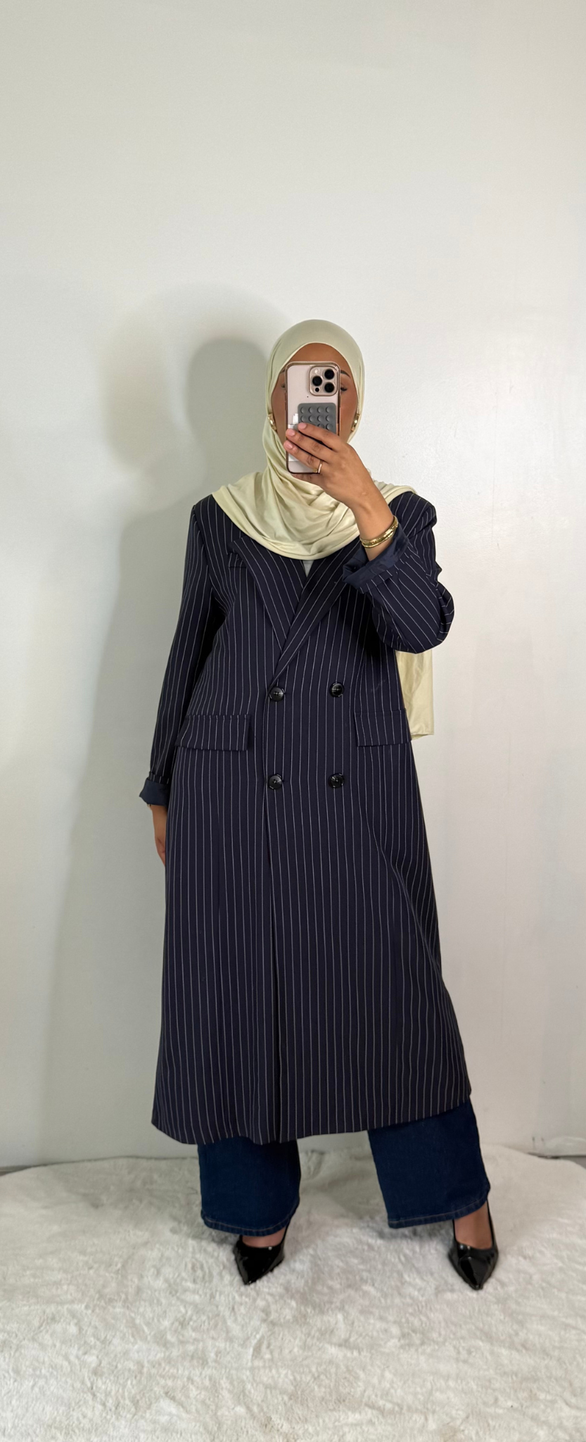 Blazer long rayé - Bleu Marine